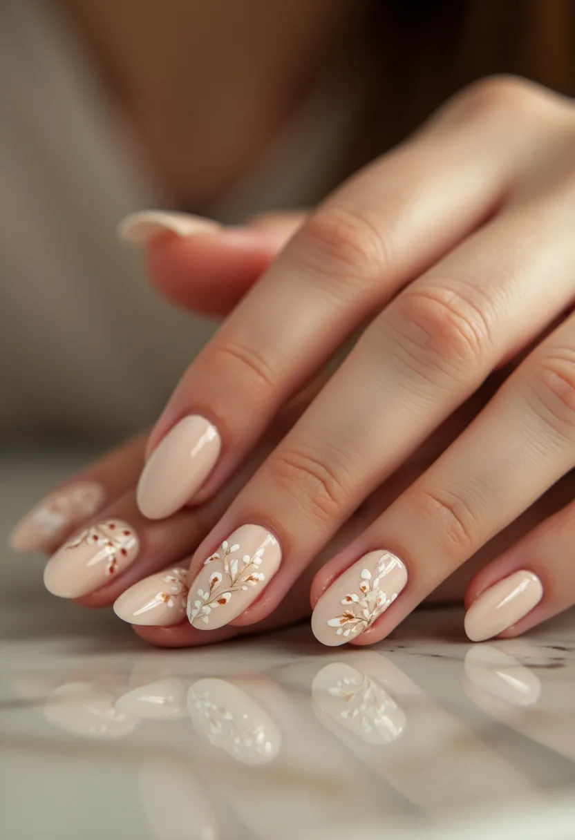 This nail design features an elegant and delicate aesthetic, with a color palette dominated by soft, pastel nude shades. The nails are shaped in a soft almond form, which adds to their sophisticated look. The nail art incorporates intricate floral patterns, showcasing small white blossoms and golden leaves, meticulously designed on select nails, adding a touch of luxury and emphasizing a spring or wedding theme. The finish appears glossy, indicative of a gel or shellac treatment, which ensures a long-lasting, chip-resistant manicure. The overall design is understated yet refined, making it suitable for bridal occasions or as a springtime accessory.