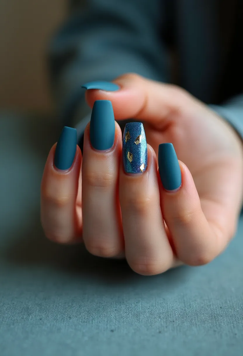 This nail design features long, coffin-shaped nails predominantly painted in a rich teal color. The nail on the ring finger stands out with a shimmering, metallic blue polish adorned with small, irregularly shaped gold foil accents. The main teal color has a matte finish, which contrasts elegantly with the glossy, decorative ring finger. This design likely uses a combination of gel and foil nail treatments, providing durability and a sleek finish. The color palette and intricate details suggest it could be suitable for both everyday elegance and special occasions, adding a sophisticated yet modern touch to the overall appearance.