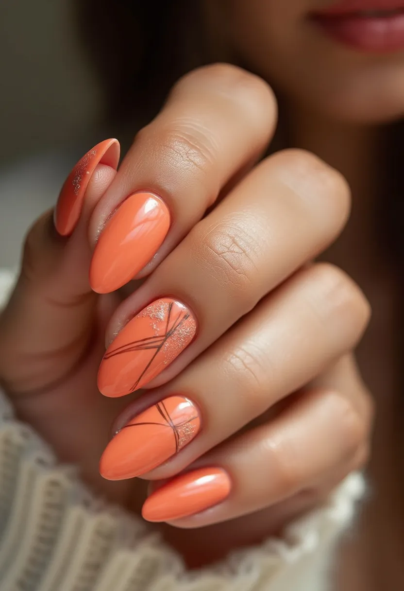 This nail design features a vibrant orange color palette, ideal for a lively and energetic look. The nails are long and shaped in an almond form, giving them a sleek and elegant appearance. The design includes intricate patterns, with a few nails adorned with delicate, thin black lines crossing to create a geometric look. Additionally, there are subtle accents of glitter towards the tips, adding a touch of sparkle. The glossy finish suggests a gel or shellac treatment, ensuring a long-lasting and polished result. The bright orange color and dynamic design make this a perfect style for summer or festive occasions.