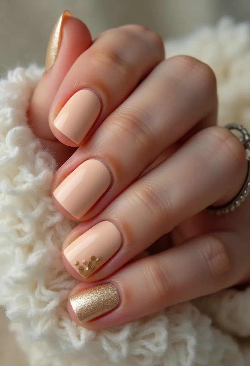 The nail design features a delicate and elegant color palette with soft peach and gold tones. The nails are short and have a square shape, providing a sophisticated and neat appearance. The primary color is a smooth peach, applied on most of the nails, with a single accent nail on each hand adorned in shimmering gold. Adding a unique touch, small gold stud embellishments form a subtle and intricate pattern near the base of one of the peach-colored nails. This manicure is likely done using gel or shellac, given the high gloss and durability evident in the finish. The warm tones and glitter suggest a festive theme, making this design ideal for celebratory occasions or the holiday season.