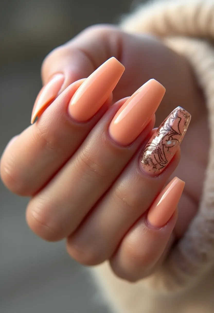 This nail design features a vibrant, peach-toned color palette that exudes a fresh and warm aesthetic. The nails are shaped into a sophisticated coffin or ballerina style, which adds an elegant touch. Most of the nails are painted in a solid, glossy peach color, while one accent nail showcases an intricate pattern. The accent nail, likely done using a gel or acrylic treatment for durability, is adorned with a delicate marbled design in metallic rose gold with a subtle hint of white detailing, giving it a unique and artistic flair. This nail design is both stylish and sophisticated, making it suitable for a variety of occasions, from casual outings to special events, and is particularly fitting for seasons like spring and summer due to its bright and cheerful color scheme.