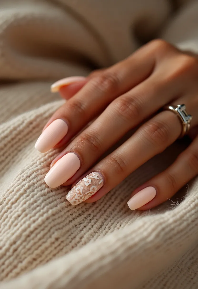 The nail design showcases a sophisticated and elegant look with a muted, nude-toned color palette. The nails have a medium-length, square shape that accentuates the fingers. Most of the nails are painted with a smooth, matte light peach shade, giving a clean and understated finish. The ring finger stands out with an intricate white lace pattern over the same nude base color, adding a delicate and feminine touch. The designs appear to be done using gel polish, ensuring longevity and a glossy finish that maintains a polished look. This nail design is perfect for a subtle yet chic everyday look, and it can also complement special occasions such as weddings or other formal events with its refined aesthetic.