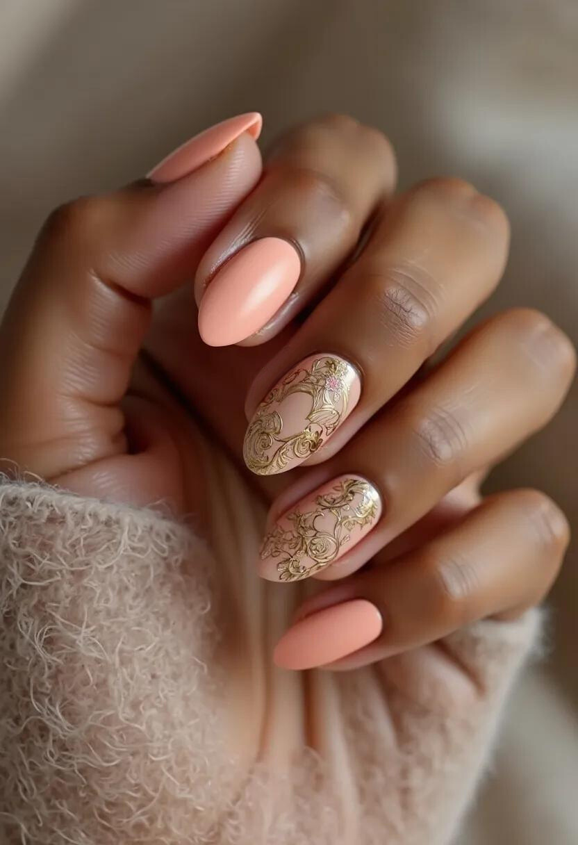 The nail design features a soft peach color palette, creating a delicate and elegant look. The nails are almond-shaped, complementing the hand’s natural elegance. Two nails, specifically the ring and middle fingers, are accentuated with a detailed intricate pattern. This pattern consists of a gold floral design over a nude base, adding a touch of sophistication to the overall design. The remaining nails are painted in a solid peach color, providing a balanced contrast. The nail treatment appears to be gel, as indicated by the smooth and glossy finish. This design exudes a romantic and timeless appeal, perfect for a spring or summer event, or an elegant occasion such as a wedding.