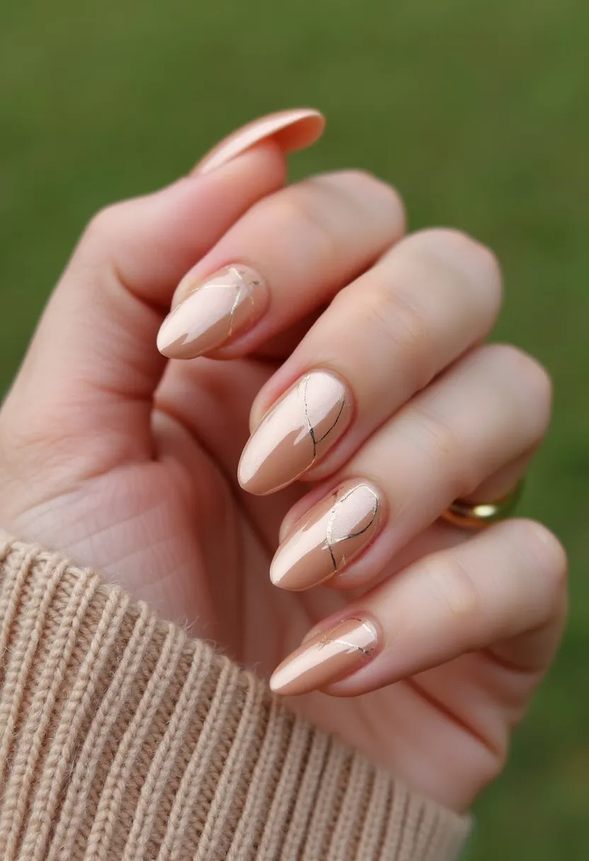 The nail design features a chic and subtle palette of nude and light peach tones, ideal for a polished and elegant look. The nails are shaped into an almond or stiletto form, providing a sophisticated and elongating effect on the fingers. Each nail is finely adorned with delicate, thin lines in metallic gold, creating an understated yet stylish pattern. The intricate decorations include crisscrossing lines that add a touch of glamour without overwhelming the understated base color. This nail art design is likely achieved with a gel treatment, providing a glossy, long-lasting finish. The overall aesthetic of the design fits well with a versatile seasonal theme, suitable for both everyday wear and special occasions like weddings or formal events.