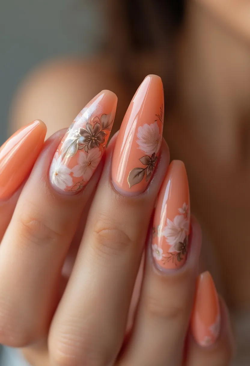 The nails are elegantly shaped in a long almond style, creating a refined and delicate appearance. The base color is a soft peach, providing a fresh and warm backdrop suitable for various seasons, particularly spring or summer. Intricately adorned with floral patterns, the design features detailed, delicate white flowers with subtle leaves in contrasting shades, adding a touch of sophistication and natural beauty. The glossy finish suggests a gel or shellac treatment, ensuring durability and a polished look. This nail art exudes a serene and romantic vibe, perfect for special occasions like weddings or garden parties, emphasizing both elegance and attention to detail.