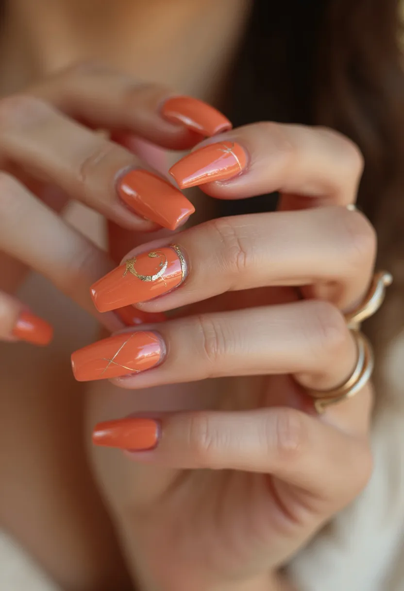 The nail design features a vibrant orange color palette, indicative of an autumn or summer theme. The nails are medium to long in length with a square shape and neatly tapered edges. The accent nails showcase intricate gold foil decorations: a graceful swirl on one nail and a delicate crisscross pattern on another. The nails appear to have a smooth, glossy finish, suggesting a gel or shellac manicure treatment. The glossy finish combined with the gold accents provides a sophisticated and festive look, suitable for special occasions or seasonal celebrations.