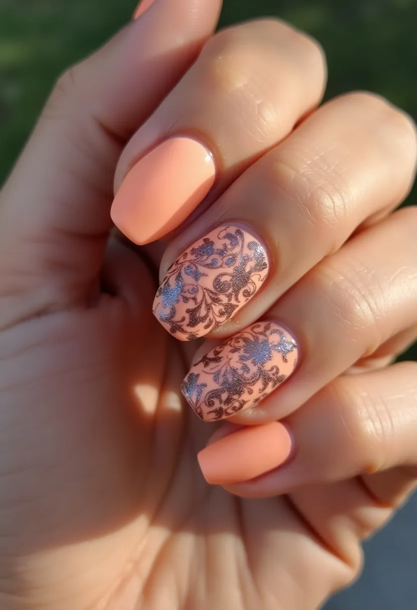 The nail design features a palette dominated by a peachy-orange color, complemented by intricate patterns. The nails are medium-length with a soft square shape. The index and little fingers are coated in a smooth, solid peachy-orange color, while the middle and ring fingers display an elaborate design. This design consists of a base of peachy-orange overlaid with detailed, metallic silver floral and vine motifs. The level of gloss and smoothness suggests that these nails may have been achieved using a gel or shellac treatment, offering both shine and durability. The intricate floral patterns give a delicate, almost lace-like appearance, making the design suitable for a special occasion or festive season.