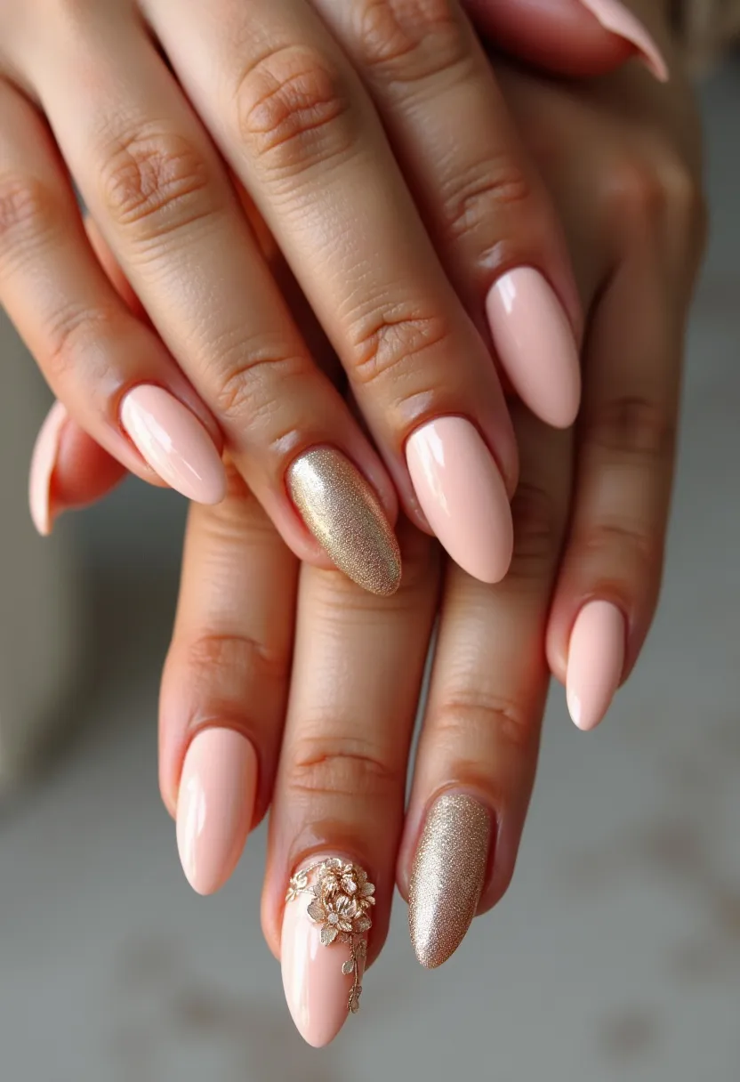 The nail design features a sophisticated and elegant palette with predominantly soft, blush pink shades enhanced by an accent nail in a metallic gold color. The nails are shaped into a stylish stiletto form, which adds a touch of drama to the overall look. One of the standout features is the intricate floral decoration on one of the nails, which is crafted in gold to match the accent nail and adds a luxurious, three-dimensional effect. This design is likely achieved using gel treatment, providing a glossy and durable finish. The combination of blush pink and gold, along with the floral detailing, makes this nail art suitable for special occasions such as weddings or festive events, evoking a timeless and celebratory feel.