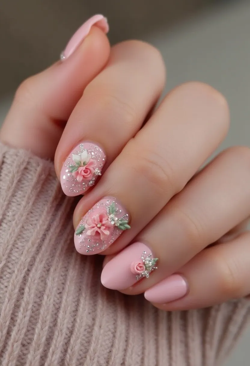 The nail design features an elegant and delicate theme with a soft color palette consisting primarily of light pink. The nails are shaped into a rounded almond form, providing a sophisticated look. Adorned with 3D floral decorations, the nails sport intricate roses and blossoms crafted in shades of pink and white, accented by subtle green foliage. The use of glitter enhances the design, adding a touch of sparkle to the overall look. This manicure appears to be created using gel or acrylic treatments, ensuring durability and a glossy finish. The design exudes a romantic and feminine vibe, making it suitable for spring or summer seasons, or for special occasions such as weddings or anniversaries.