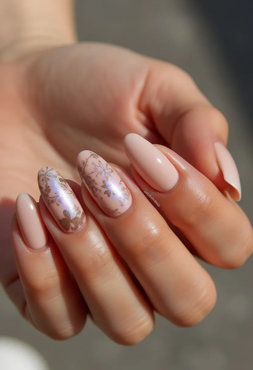 The nail design showcases an elegant pale pink color palette, predominantly embracing a soft, nude tone. The nails are shaped in a stylish almond form, providing a sophisticated and feminine look. This manicure features intricate decorative patterns on the middle two nails, which are adorned with delicate, floral designs in gold. One of these nails highlights a stunning, iridescent shimmer base, adding a touch of sparkle and glamour. The treatment appears to involve a gel manicure, allowing for a smooth and glossy finish. The floral elements and soft color scheme make this design suitable for romantic and seasonal occasions, such as spring or summer events, or even weddings.