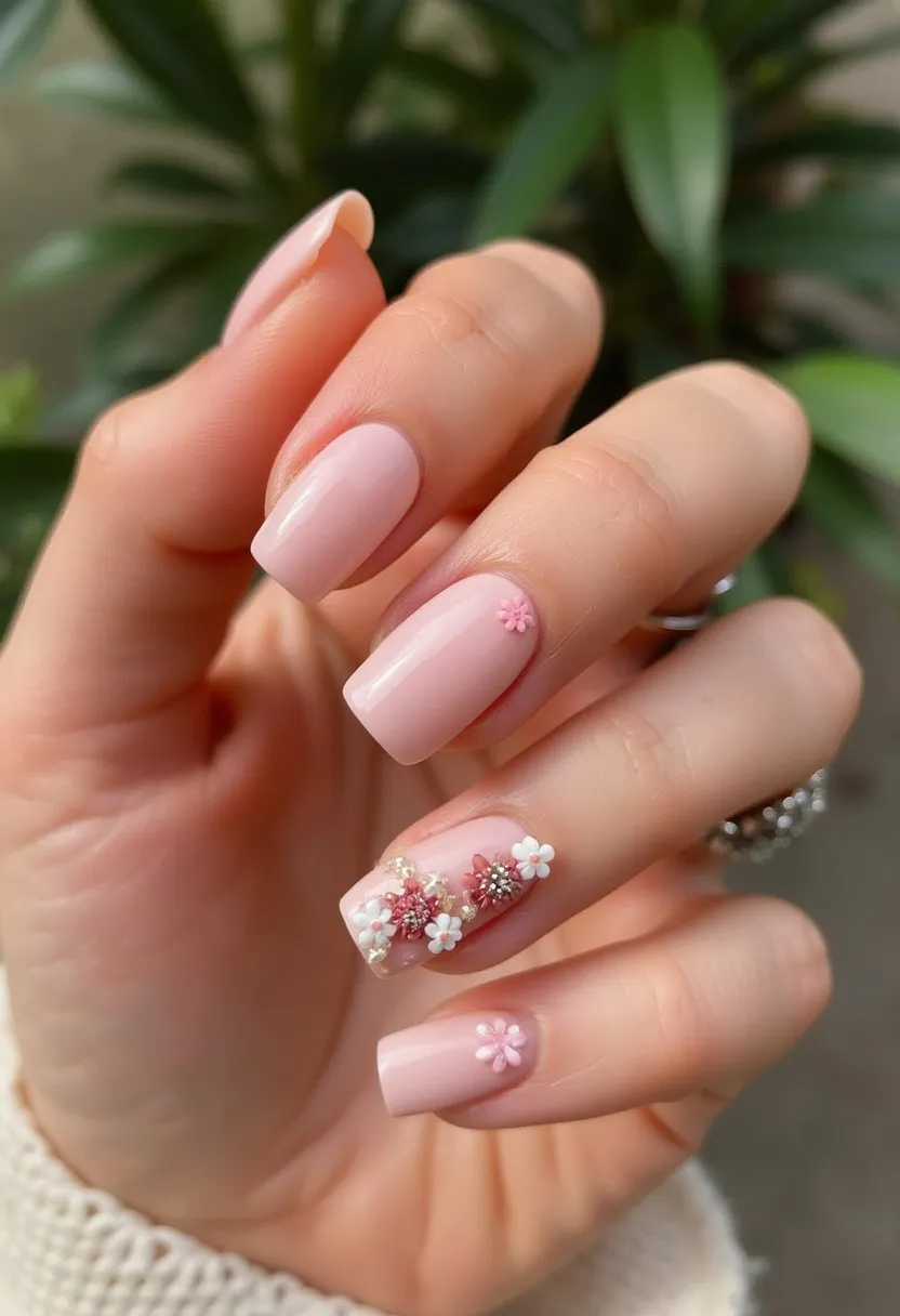 The nail design features a soft, pastel pink color palette, creating a delicate and subtle look. The nails are medium length with a squoval (square with rounded edges) shape, giving them a neat and tidy appearance. Intricate 3D floral patterns are delicately placed on two nails, with tiny pink and white flowers adorned with pearl centers, adding a touch of elegance and charm. The nail treatment appears to be gel, which provides a smooth and glossy finish. This design, reminiscent of spring or a romantic occasion such as a wedding, emphasizes a fresh and floral aesthetic, ideal for someone looking to achieve a feminine and sophisticated style.