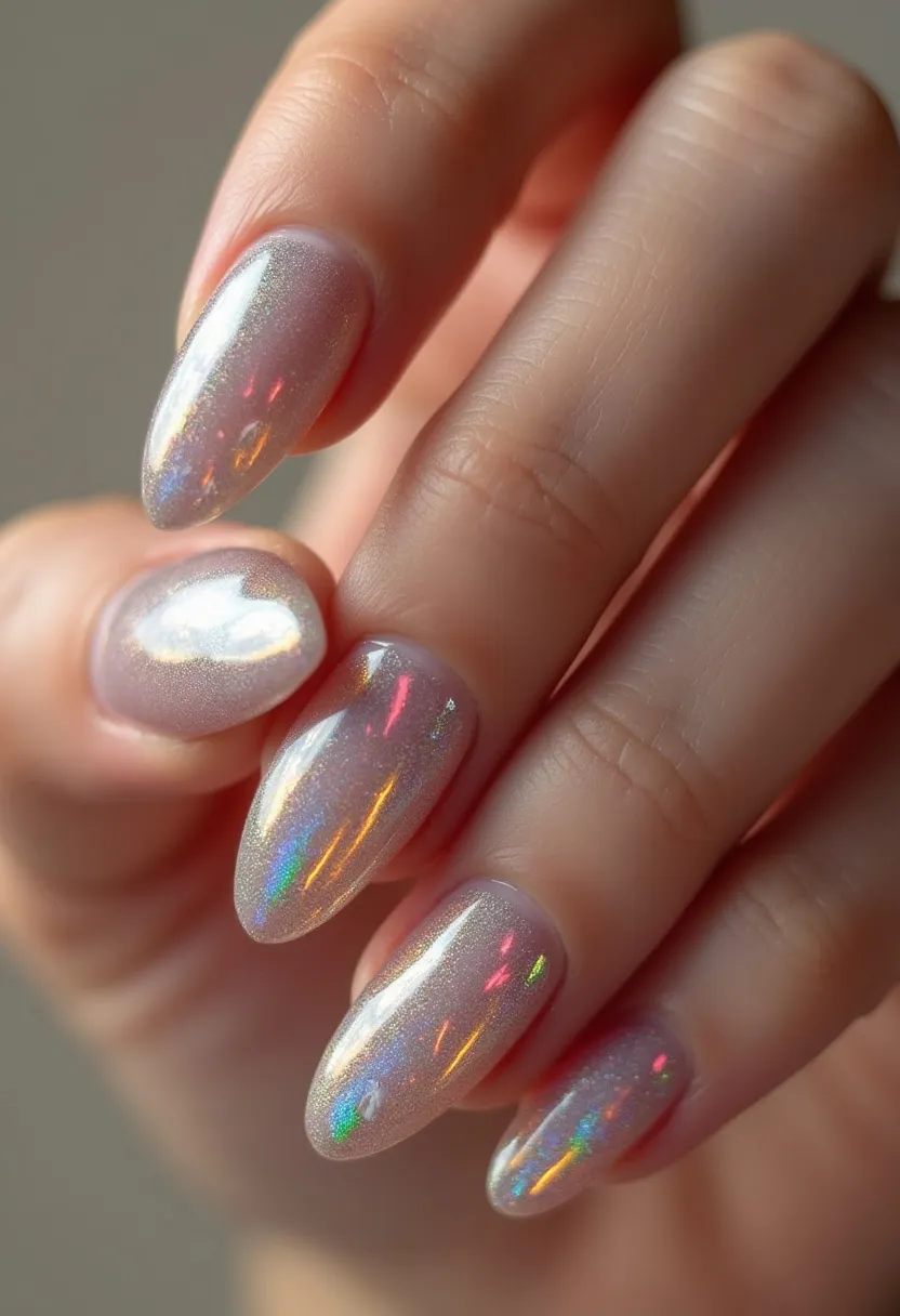 The nail design features medium-length, almond-shaped nails with a mesmerizing holographic finish. The color palette predominantly consists of a shimmering silver base that reflects various colors, creating a rainbow effect. This intricate, eye-catching pattern suggests the use of high-quality gel or shellac polish, known for its glossy and durable finish. The overall effect is sophisticated and futuristic, ideal for special occasions or seasonal events during winter or festive holidays due to its dazzling and celebratory appearance.