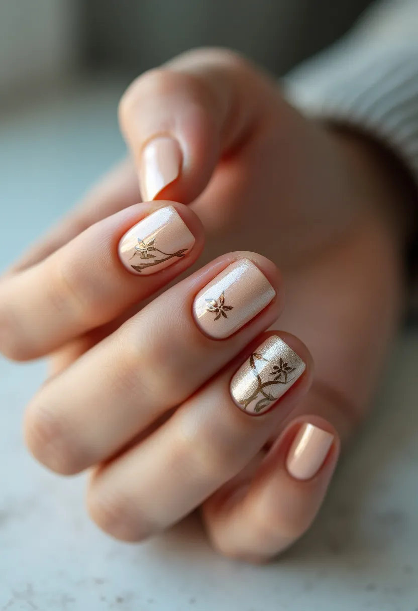 The nail design showcases a soft, nude color palette with a subtle shimmer, contributing to a sophisticated and elegant appearance. The nails are shaped in a short, rounded square style, which is both practical and stylish. A delicate gold floral pattern intricately adorns some of the nails, adding an artistic and refined element to the overall look. This design is indicative of a gel manicure, renowned for its durable and glossy finish. The floral accents provide a touch of nature-inspired beauty, making this nail art suitable for special occasions such as weddings or seasonal events like spring and summer celebrations.