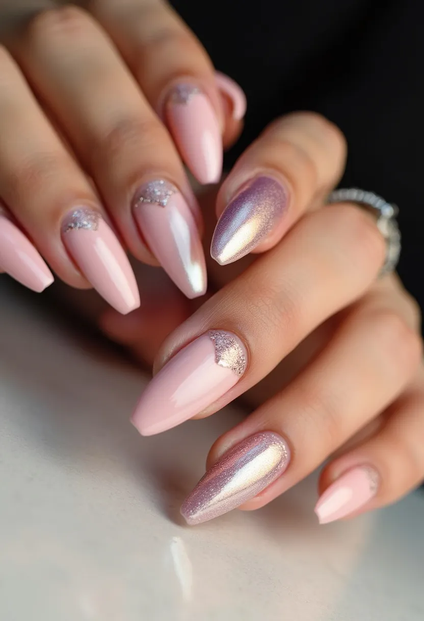 The nail design features a sophisticated and elegant look, primarily using a soft pink color palette paired with a shimmering metallic accent. The nails are shaped in a stylish almond form, which adds to the overall elegance. Some nails display intricate patterns, such as silver glitter accents near the cuticles that create a reverse French manicure effect. One nail on each hand stands out with a chromatic, pearlescent finish that shifts tones beautifully in the light. The use of gel polish is evident due to the high-gloss finish and durability of the design. This sophisticated design could be suitable for special occasions like weddings or formal events, or simply as a luxurious everyday look.