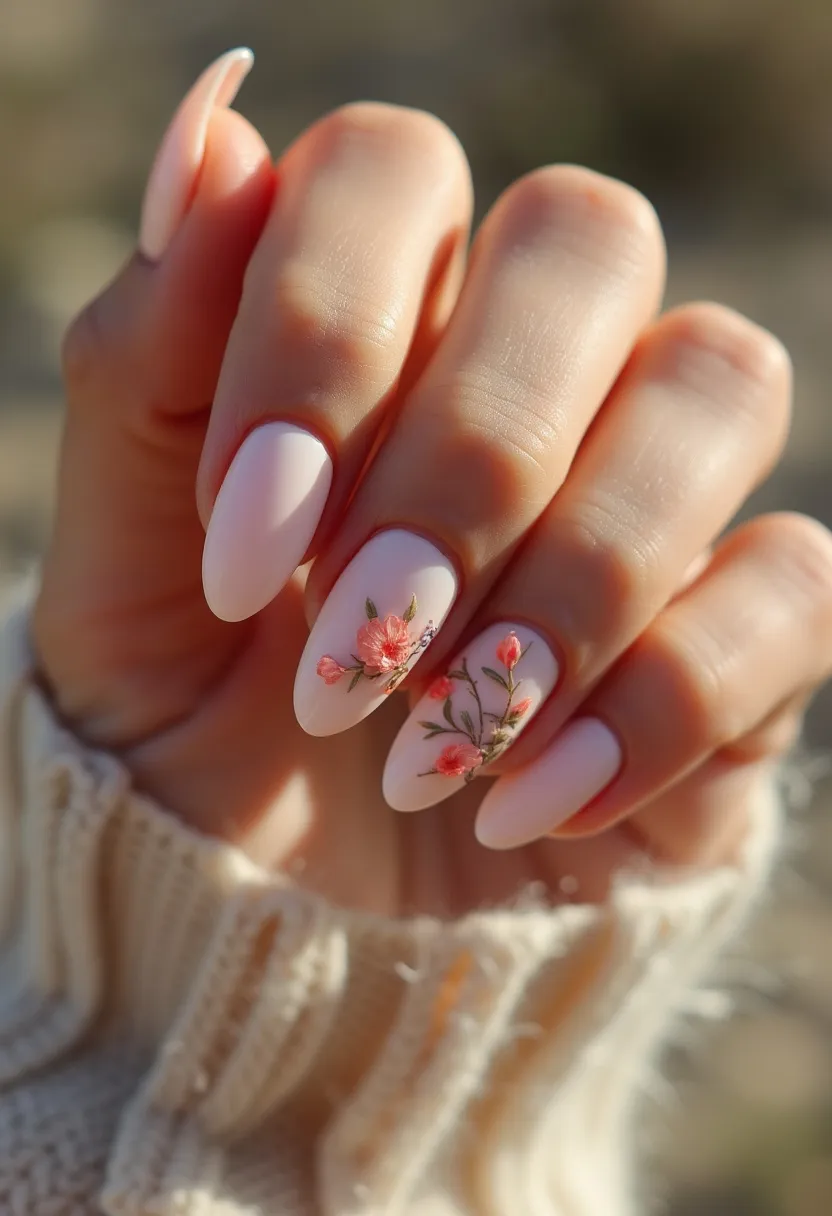 The nail design features a soft, pastel pink base color, creating a delicate and feminine look. The nails are shaped into rounded almond tips, enhancing the elegant and refined aesthetic. Intricate floral patterns with delicate branches and small flowers in shades of pink and hints of green adorn some of the nails, adding a touch of natural beauty and sophistication. This floral decoration suggests a gel or shellac treatment, given the smooth and glossy finish. The design exudes a springtime or early summer theme, fitting well for special occasions like weddings, garden parties, or other celebratory events where a delicate and stylish appearance is desired.