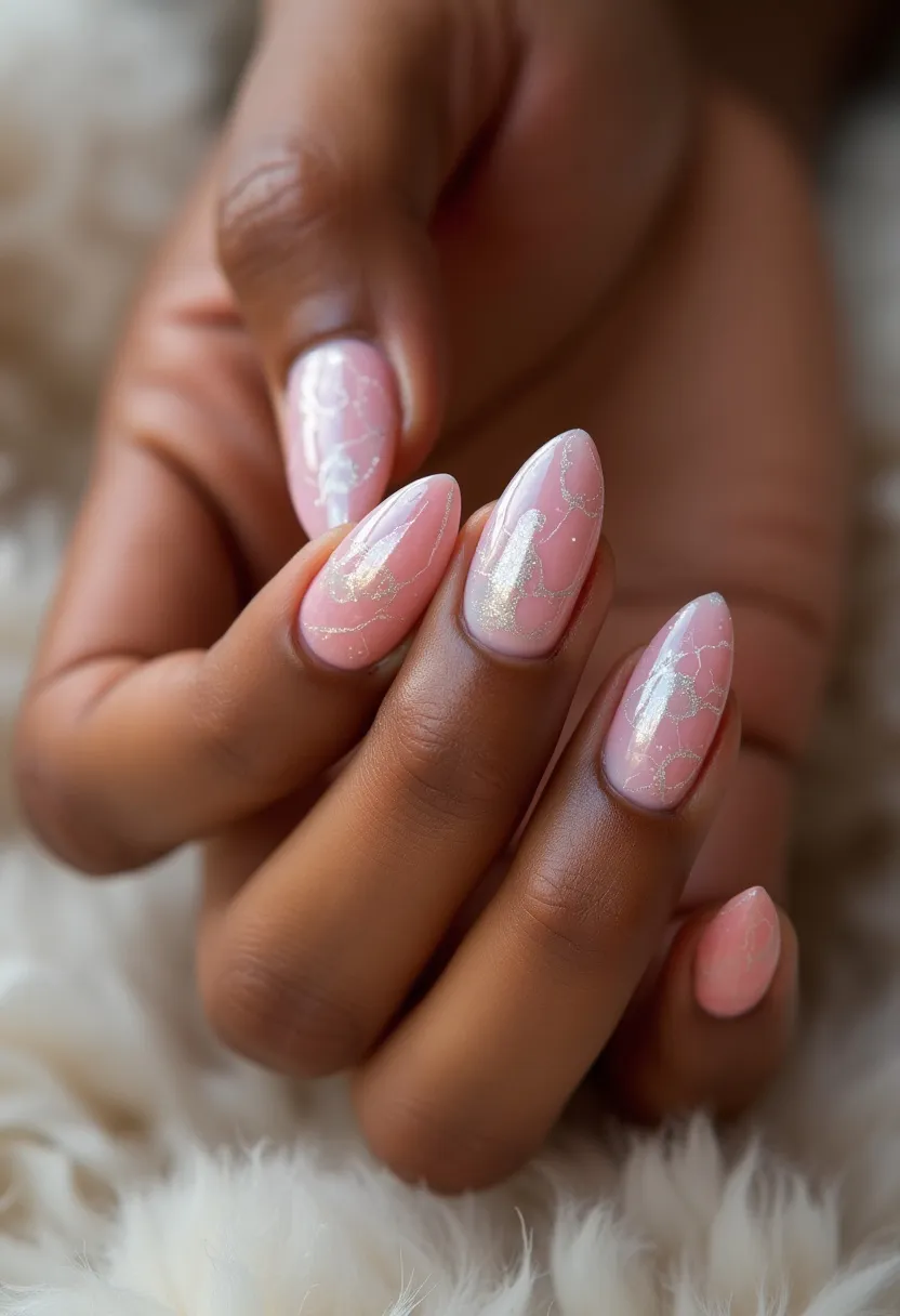 The nail design showcases a soft, elegant palette consisting of a light pink base color with subtle shimmery highlights. The nails are shaped in a refined almond style, which contributes to their sophisticated appearance. Intricate patterns of fine, silver metallic lines create a delicate marbling effect on each nail, adding a touch of intricacy to the understated color scheme. This design appears to be created using gel polish, given the glossy finish and the precision of the patterns. The overall look is versatile and suitable for various occasions, making it ideal for both everyday wear and special events. The light pink and silver combination also makes it fitting for spring or bridal themes, where a soft, romantic aesthetic is often desired.