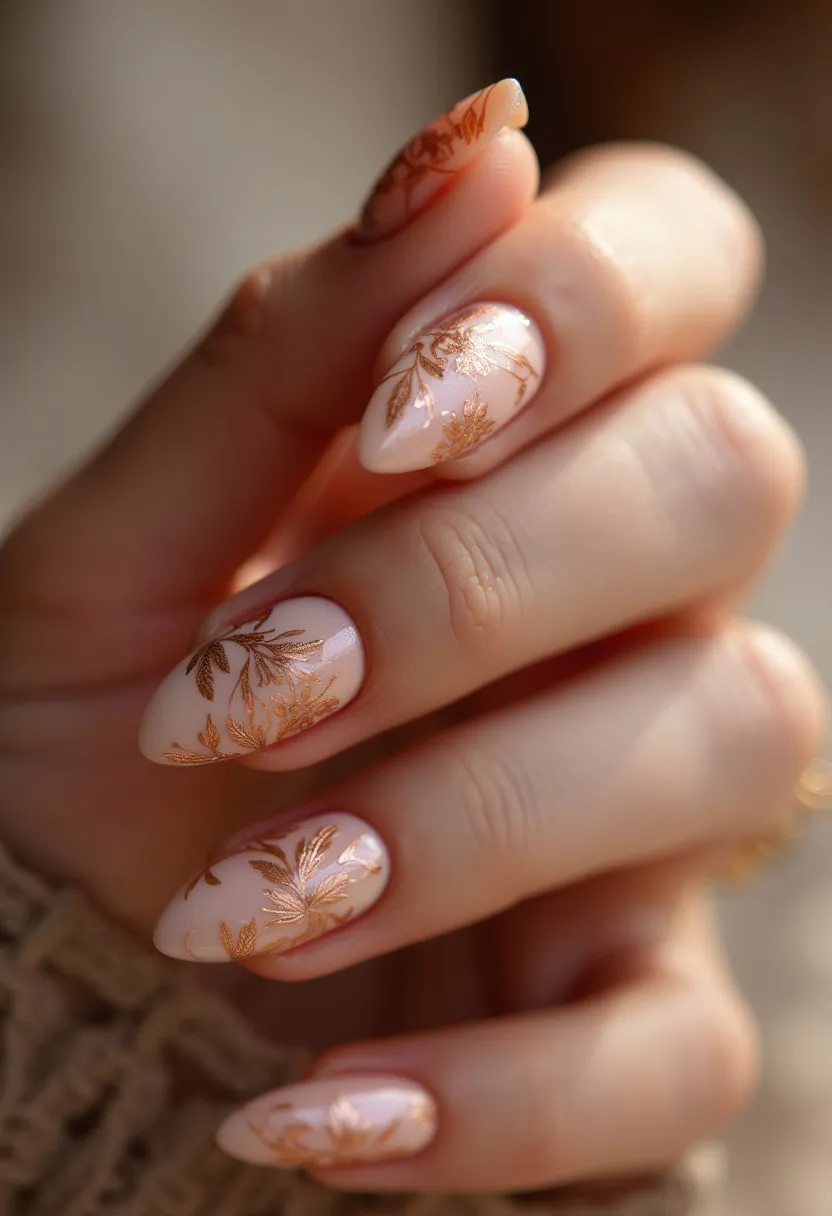 The nail design features a soft, elegant color palette with a light pink base coat, creating a subtle yet sophisticated look. The almond-shaped nails are adorned with intricate golden floral patterns, which add a touch of luxury and artistic flair to the design. The nails appear to be treated with a smooth, glossy finish, suggesting the use of gel polish for its durability and shine. The golden floral details evoke a sense of autumnal elegance, making this design particularly suitable for the fall season. The combination of the delicate pink base and the metallic gold decorations creates a harmonious and stylish manicure, perfect for special occasions or seasonal celebrations.