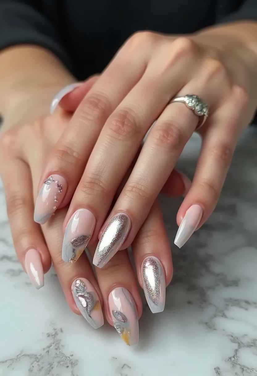 The nail design features a color palette consisting of soft pink and metallic silver, with accents of pale blue and hints of yellow. The nails are shaped in a stiletto form, tapering to a sharp point. Each nail showcases intricate patterns, including metallic chrome finishes and embedded 3D decorations such as tiny rhinestones and delicate leaf motifs. The treatment appears to be gel, given the glossy and smooth finish. The design elements and soft color scheme, combined with a touch of sparkle, suggest an elegant and sophisticated style, suitable for special occasions like weddings or formal events, as well as a festive seasonal theme such as winter or New Year's celebrations.