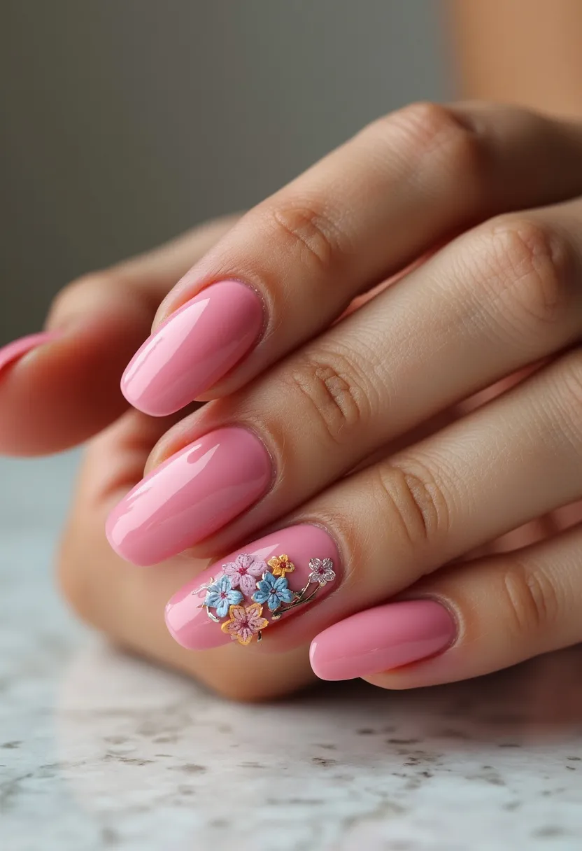 The nail design features medium-length, almond-shaped nails coated in a glossy, pastel pink gel polish. One nail stands out with a charming 3D floral decoration, showcasing small blossoms in shades of blue, yellow, and pink with delicate silver accents. These intricate flowers add a touch of elegance and seasons the design with a spring theme. The choice of gel treatment provides a durable and high-shine finish, perfect for a special occasion such as a wedding or a garden party, accentuating the overall delicate and refined aesthetic.