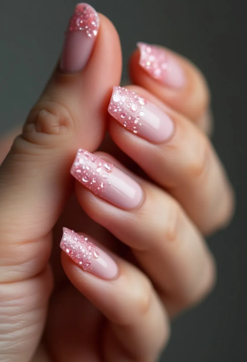 The nail design features a soft, feminine color palette of light pink hues with clear accents. The nails are shaped in a medium-length squoval (square oval) form. The design incorporates intricate patterns, with the tips adorned with a shimmery pink gradient that transitions smoothly from the natural nail bed color. This gradient is further embellished with delicate, raised droplets that mimic the appearance of dew or water droplets, adding a textured and dimensional effect. The nails appear to be treated with gel, providing a glossy and durable finish. This design has a subtle, elegant appeal suitable for special occasions such as weddings or spring-themed events, emphasizing its seasonal, delicate charm.