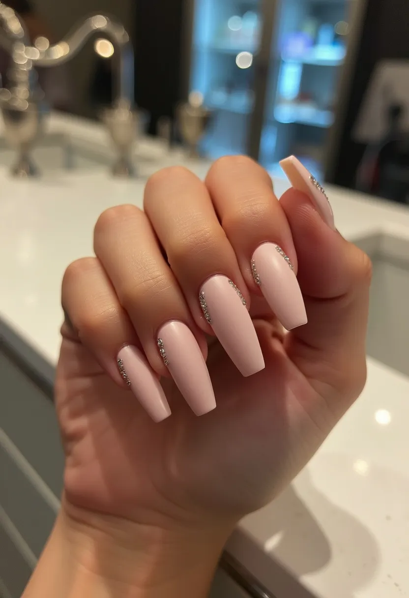 This nail design features a soft, pale pink color palette applied with a matte finish, indicating a potential gel treatment for longevity and durability. The nails are shaped into a tapered square or coffin shape, emphasizing the length and elegance. A distinct decoration includes a row of subtle rhinestones along the cuticle line of each nail, adding a touch of sparkle and sophistication. The delicate rhinestone detailing suggests a hint of glamour suitable for special occasions or formal events. The overall look is refined, with a focus on understated elegance and minimalistic charm.