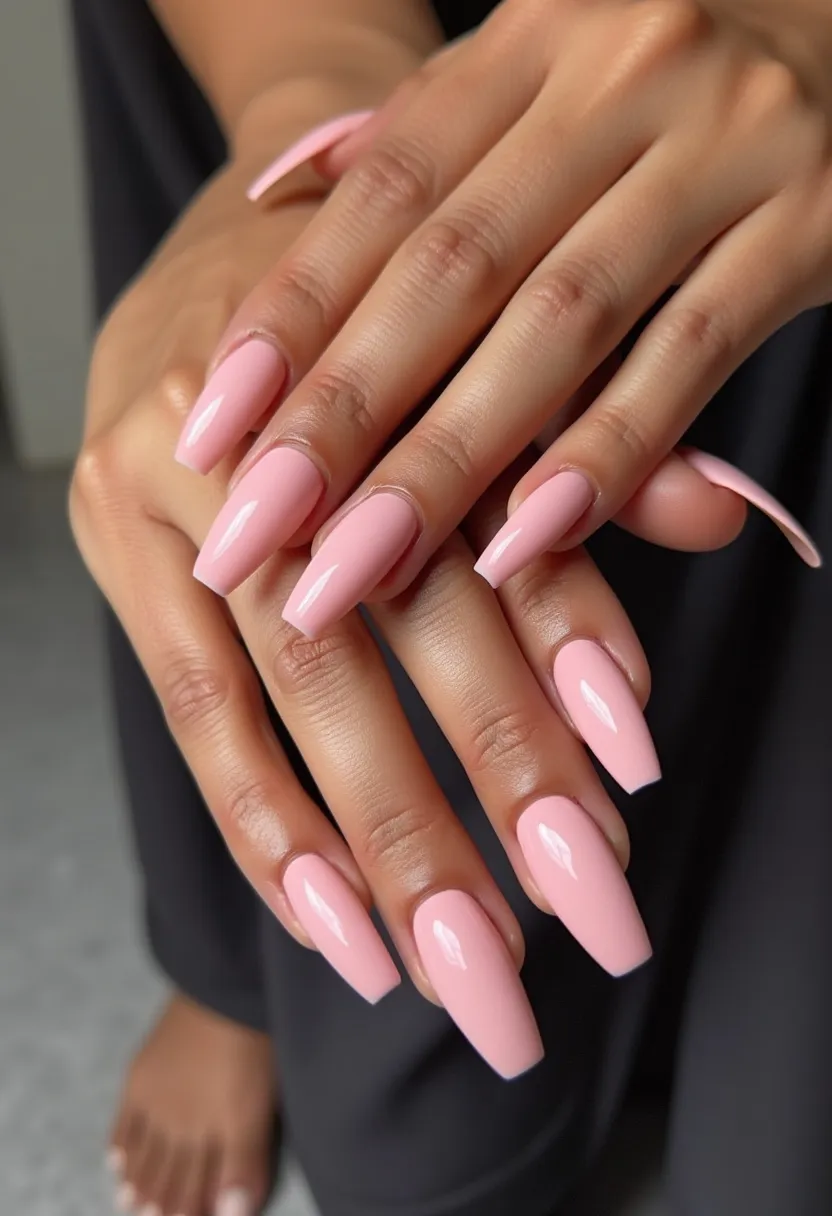 The nail design features a soft, pastel pink color palette, giving a clean and sophisticated look. The nails are shaped into a long, tapered square shape, which adds to the elegant appearance. The polish appears to be glossy and smooth, indicative of a gel or shellac treatment, providing a durable, high-shine finish. The nails are free from intricate patterns or additional decorations, instead focusing on a single, solid color that emphasizes simplicity and refinement. This nail design is suitable for a variety of occasions, from everyday wear to more formal events, and its pastel tone is particularly fitting for spring or summer seasons.