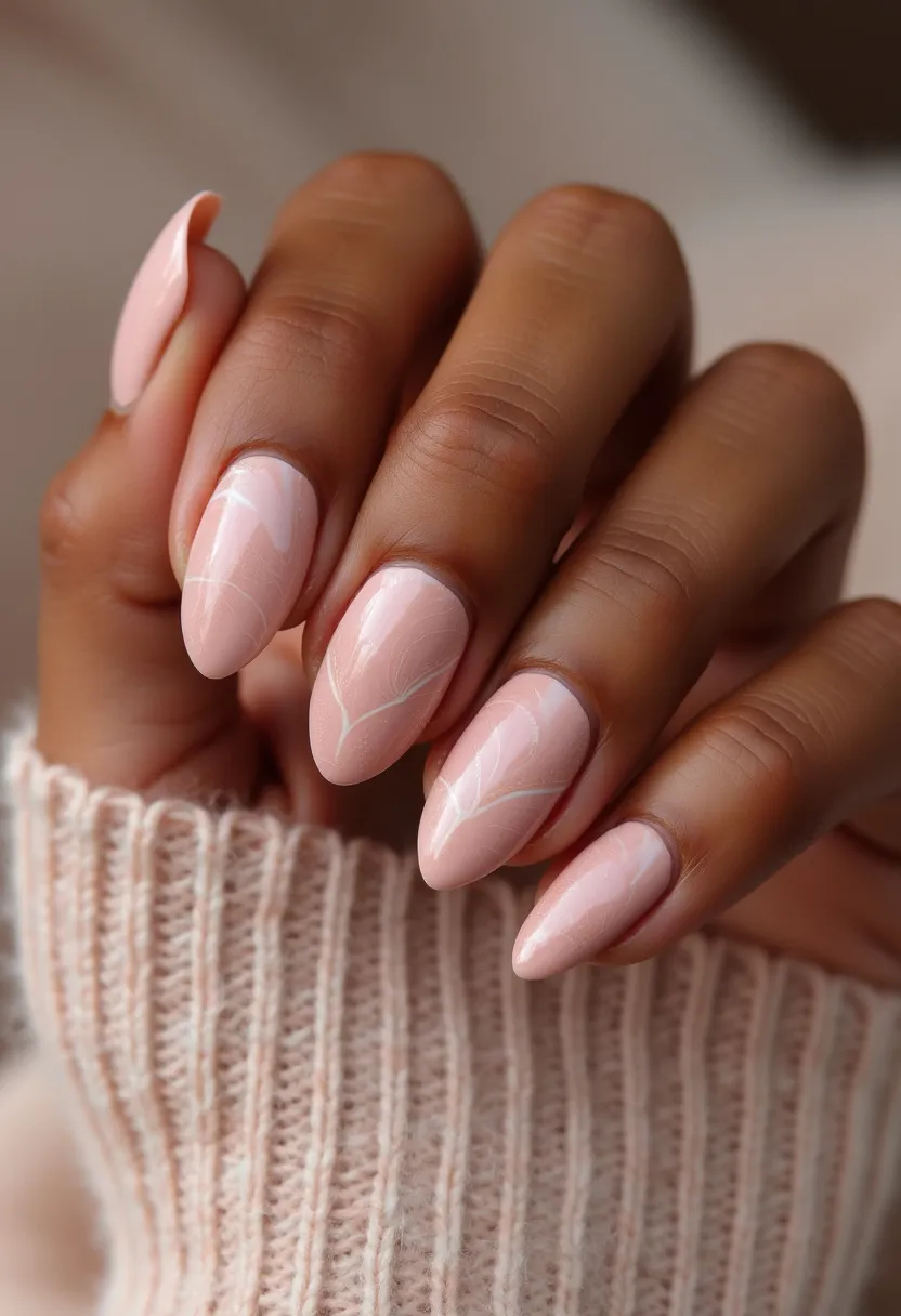 The nail design features a soft, pastel pink color palette, giving a delicate and feminine appearance. The nails are shaped into a graceful almond form, elongating the fingers and adding elegance. Intricate white leaf patterns are delicately painted on each nail, adding a touch of sophistication and artistic flair to the overall design. The glossy finish suggests the use of gel or shellac treatment, providing durability and a high-shine look. The subtle and refined design elements make this nail treatment suitable for a variety of occasions, including weddings, springtime events, or simply as an elegant everyday look.