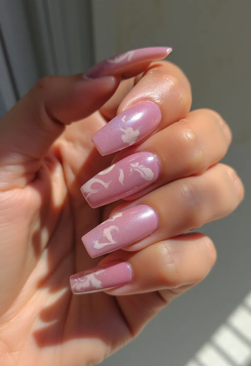 The nail design showcases a feminine and elegant aesthetic with a color palette of pearlescent pink as the base. The nails are medium length with a square shape, providing a sturdy canvas for the intricate designs. White floral patterns are intricately painted on each nail, offering a delicate contrast to the shimmering pink base. The type of nail treatment appears to be acrylic, as indicated by the smooth and glossy finish. This design carries a soft, romantic vibe, which is perfectly suited for spring or summer seasons and could be ideal for special occasions like weddings or garden parties. The overall look is graceful and sophisticated, highlighting skilled nail artistry.