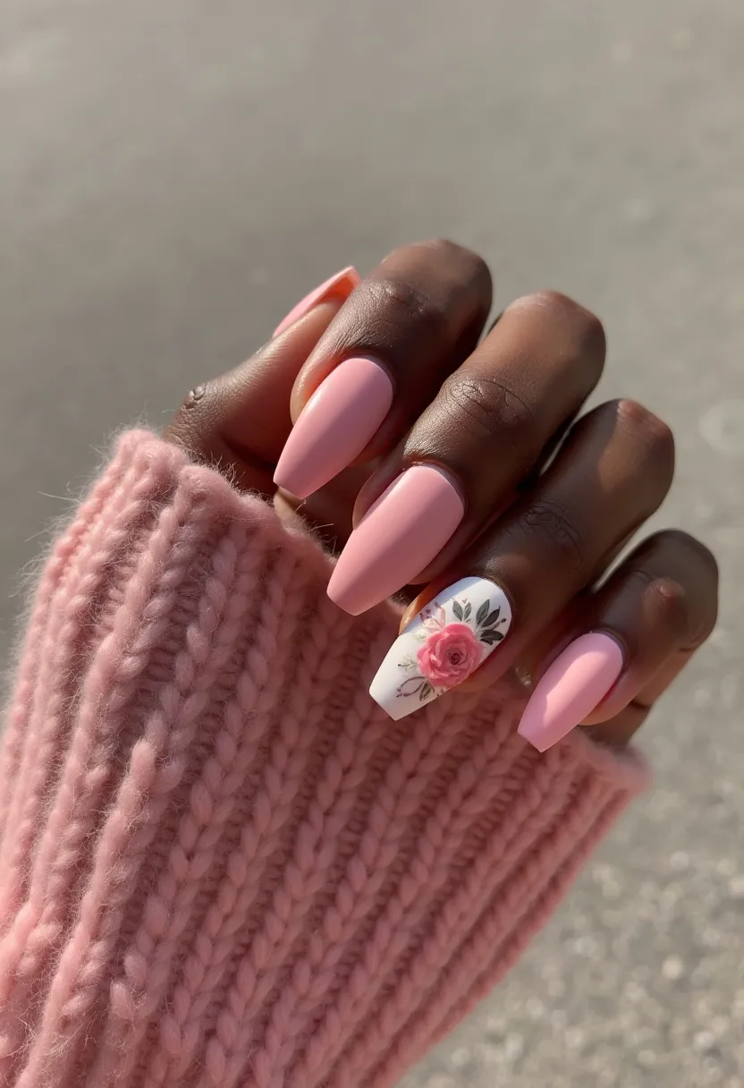 The nail design features a sophisticated and feminine palette dominated by a soft pink color applied to all the nails except the ring finger, which showcases a white base adorned with a delicate floral pattern centered around a pink rose and green leaves. The nails are shaped in a coffin style, giving an elongated and elegant appearance. The finish appears to be matte, suggesting a gel or acrylic treatment, offering a durable and smooth surface. The intricate floral design on the accent nail adds a touch of elegance and hints at a romantic or spring-themed occasion.