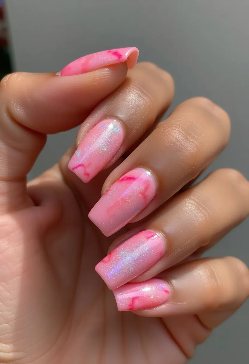 The nails feature a square shape with a soft pink and white color palette, giving a gradient or ombre effect from the cuticle to the tips. Intricate marbling patterns in shades of darker pink or red overlay the gradient base, creating a sophisticated and artistic finish that resembles the texture of natural stone. This design appears glossy and smooth, indicative of a gel nail treatment which provides a shiny and durable finish. Subtle iridescent or holographic flakes are embedded within the design, adding a touch of sparkle and dimension, suggesting an elegant, versatile look suitable for various occasions from everyday wear to special events.