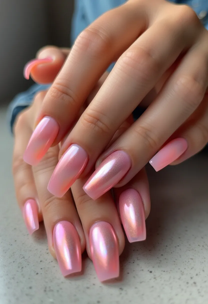 These nails exhibit a stunning, metallic pink color palette that gives off a pearl-like, iridescent effect. The nails are shaped in a medium to long length, with a modern square tip, contributing to a sleek and polished appearance. The finish suggests a gel treatment, identifiable by the high-gloss and smooth texture which is typical of gel nails. The overall design is simple, yet the metallic sheen adds a touch of intricacy without the need for additional patterns or decorations. The choice of pink and its reflective qualities lend these nails a versatile look, suitable for both everyday wear and special occasions, such as spring and summer events, reflecting a cheerful and elegant vibe.