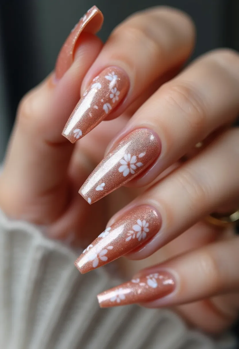 The nail design showcases a lovely combination of a shimmering, rose gold base color accented with delicate white floral patterns. The nails are sculpted into a long, tapered coffin shape, providing an elegant and elongated appearance. This intricate nail art likely employs gel treatment, judging by the glossy and smooth finish that highlights the detailed artwork. The floral motifs suggest a seasonal spring or summer theme, making this design perfect for special occasions or simply to embrace a bright, fresh style. The overall look is sophisticated and eye-catching, with the floral designs adding a touch of whimsy and femininity.