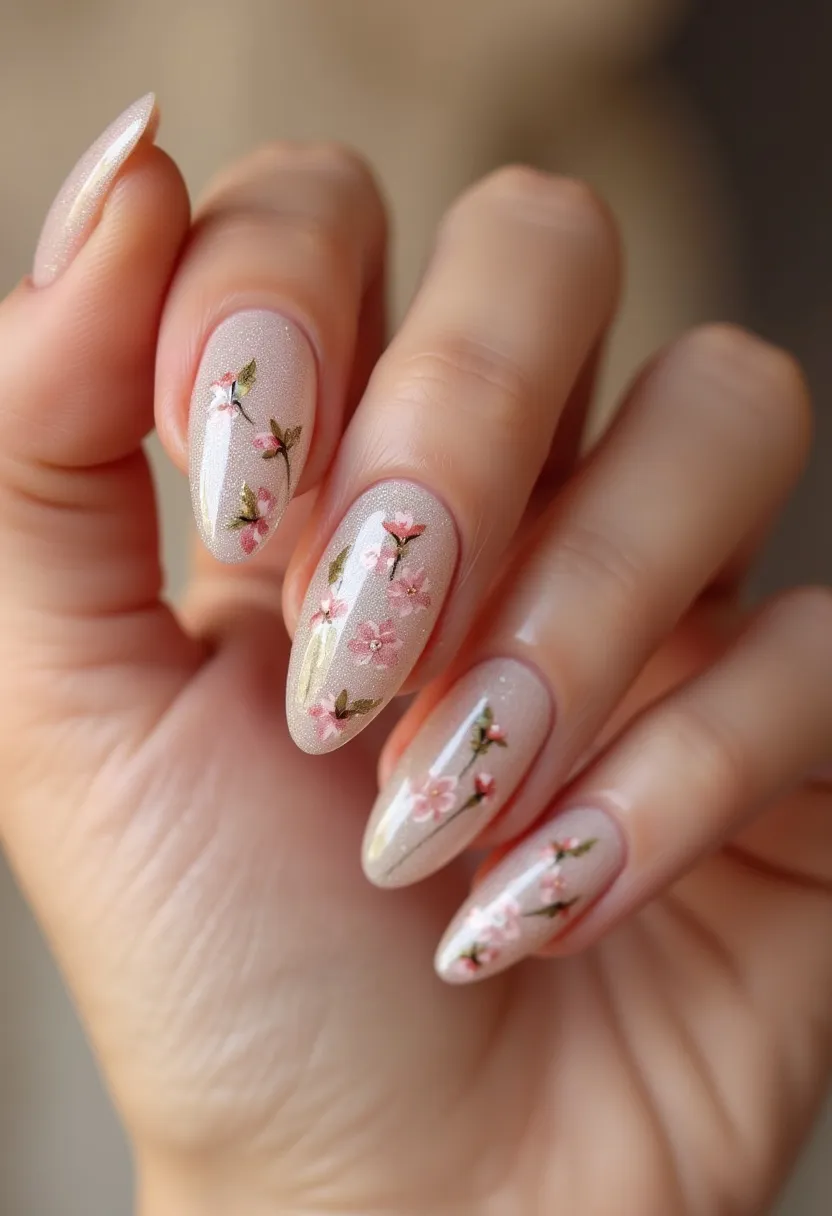 The nail design features a sophisticated and delicate aesthetic with a color palette consisting of a soft, pearlescent nude base, highlighted with intricate floral patterns. The nails are shaped into a medium-length almond form, providing an elegant and timeless look. Each nail showcases detailed floral art, with tiny pink blossoms and green leaves, evocative of springtime themes and ideal for a seasonal or special occasion such as a wedding or spring celebration. The nail treatment appears to be gel, providing a glossy finish that enhances the delicate artwork. Unique details include the shimmering effect of the base color, which adds depth and dimension to the overall design.