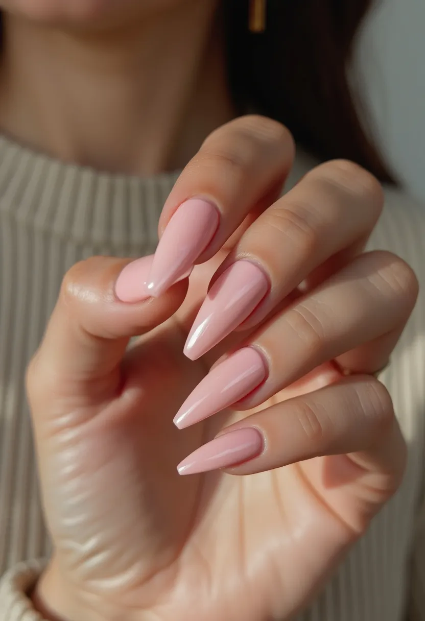 The nail design features a soft, pastel pink color palette that exudes elegance and femininity. The nails are shaped into a sharp stiletto form, adding a bit of an edge to the overall look. The finish appears glossy and smooth, suggesting a gel treatment that enhances the shine and durability of the nails. There are no intricate patterns or additional decorations, making the design straightforward yet classy. This manicure can be versatile, suitable for various occasions from casual outings to more formal events. Its simplicity and clean finish make it a timeless choice, seamlessly aligning with both seasonal and special occasion themes.