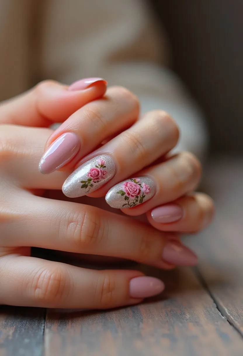 The nail design features an elegant color palette combining soft pinks with a silver base accent. The nails are shaped in an almond form, giving a refined and elongated look. Some nails are painted with a translucent pale pink polish, while select accent nails display intricate floral patterns with pink roses and green leaves over a shimmering silver background. This design is likely achieved using gel polish, which is known for its long-lasting and glossy finish. The floral decoration adds a romantic and possibly seasonal spring or summer touch, making the nails suitable for occasions like weddings or garden parties.