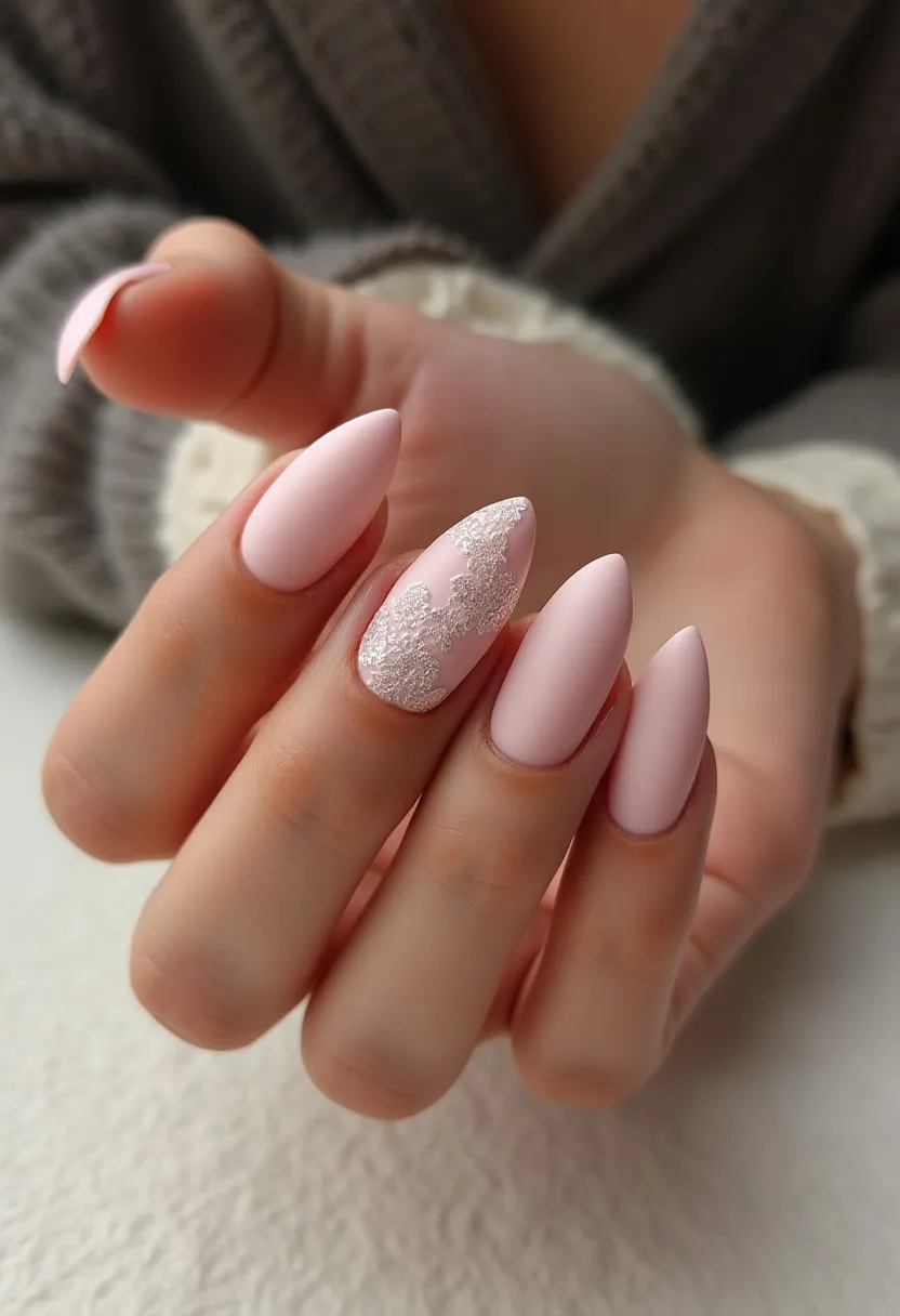 The nail design features a soft, pastel pink color palette, exhibiting a serene and elegant look. The nails are shaped in a stiletto style, providing a sleek and elongated appearance. Most of the nails display a uniform, solid pink shade, likely achieved through a gel or acrylic treatment due to their smooth and glossy finish. One accent nail stands out with intricate, silver glitter lace detailing, adding a touch of sophistication and festive charm to the overall design. The glitter pattern seems appropriately delicate, suggesting this design could be well-suited for special occasions or seasonal events, particularly during winter or the holiday season.