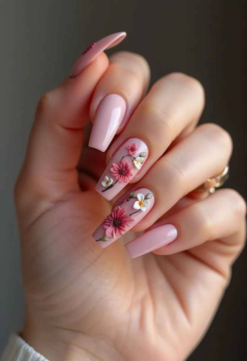 The nail design showcases a feminine and delicate aesthetic with a soft blush-pink color palette. The nails are shaped in a long coffin style, featuring both plain and intricately decorated surfaces. The decorations include intricate floral patterns with 3D flowers in various shades of pink and white, augmented by green leaves and realistic detailing, indicating a gel or possibly acrylic application to support the raised embellishments. These details lend the design a springtime or romantic theme, making it ideal for special occasions such as weddings or celebrations. The glossy finish enhances the overall elegance of the nails, emphasizing the intricate floral artwork.