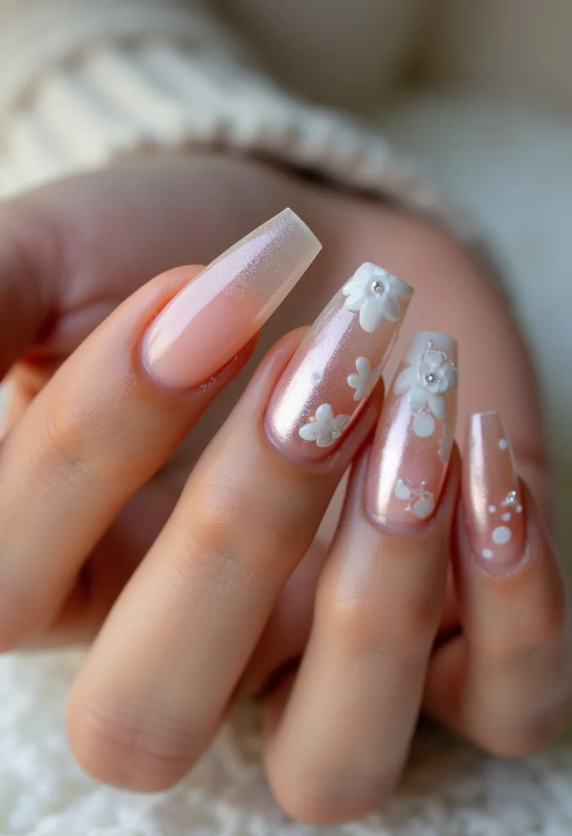 The nail design showcases a delicate and feminine aesthetic with a color palette primarily consisting of soft pink and pearlescent shades. The nails have a coffin shape with a noticeable length, emphasizing elegance and sophistication. Intricate patterns include white floral designs and small crystal embellishments, which add a touch of sparkle and intricacy to the overall look. The treatment used appears to be a gel polish given the smooth, glossy finish and durability of the designs. The floral motifs suggest a fresh, springtime theme, making these nails suitable for seasonal occasions such as weddings, garden parties, or spring celebrations. The attention to detail and decorative elements reflect a sophisticated and meticulous nail art design.