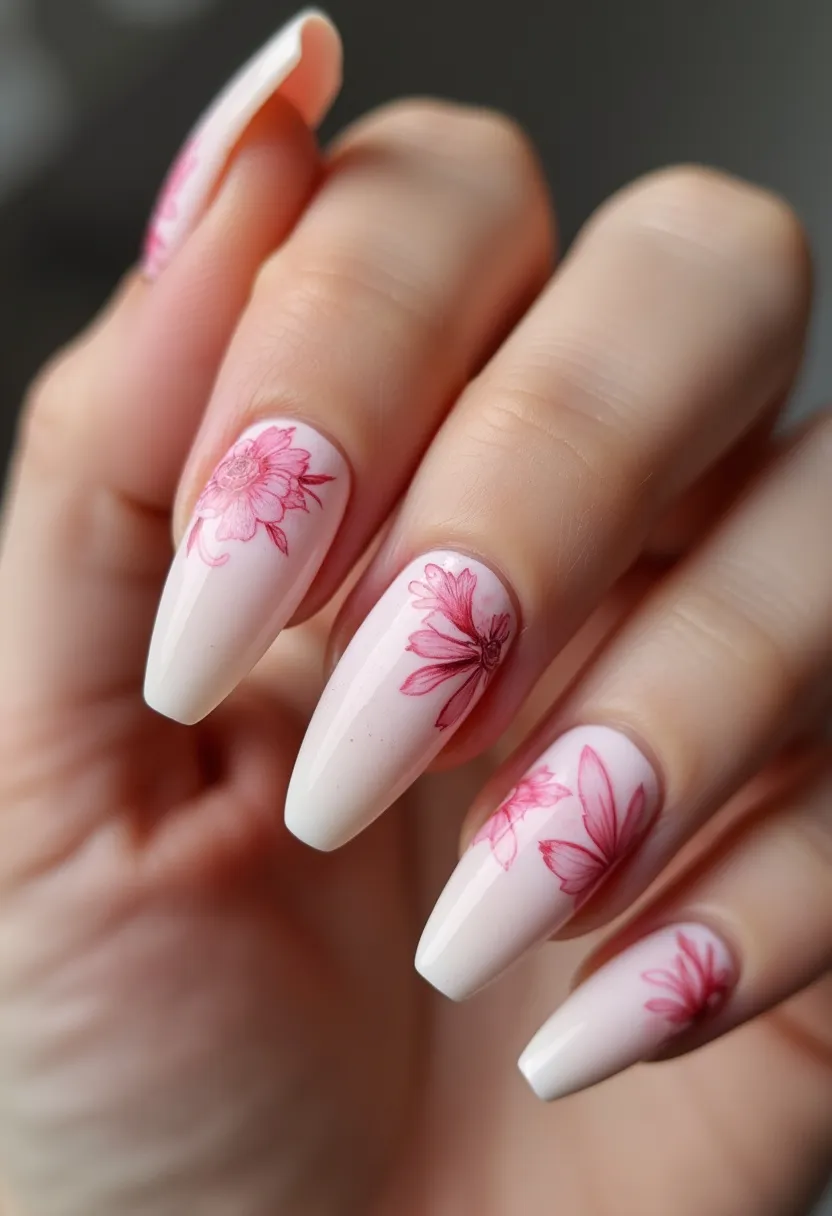 The nail design features a soft, pale pink color palette, providing a delicate and elegant appearance. The nails are almond-shaped, enhancing a feminine and stylish look. Each nail showcases intricate patterns of pink floral designs, adding a touch of sophistication and artistry. The design appears to be created using gel nail treatment, ensuring durability and a glossy finish. The details in the floral patterns indicate meticulous craftsmanship, suited for a springtime theme or a special occasion like a wedding or garden party. The overall design is both charming and graceful, making it a perfect choice for someone looking to make a subtle yet beautiful statement.