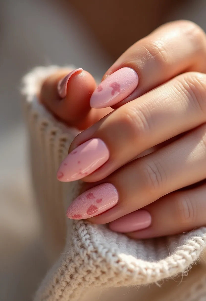 The nail design features an almond-shaped structure painted with a soft, pastel pink color palette. The nails are adorned with intricate patterns of slightly darker pink hearts, adding a touch of delicacy and charm. The treatment appears to be a gel manicure, given the smooth and glossy finish. The design's cheerful and romantic theme, emphasized by the heart motifs, makes it suitable for occasions such as Valentine's Day or other romantic events. The overall look is elegant and feminine, showcasing a fine balance of simplicity and decorative appeal.