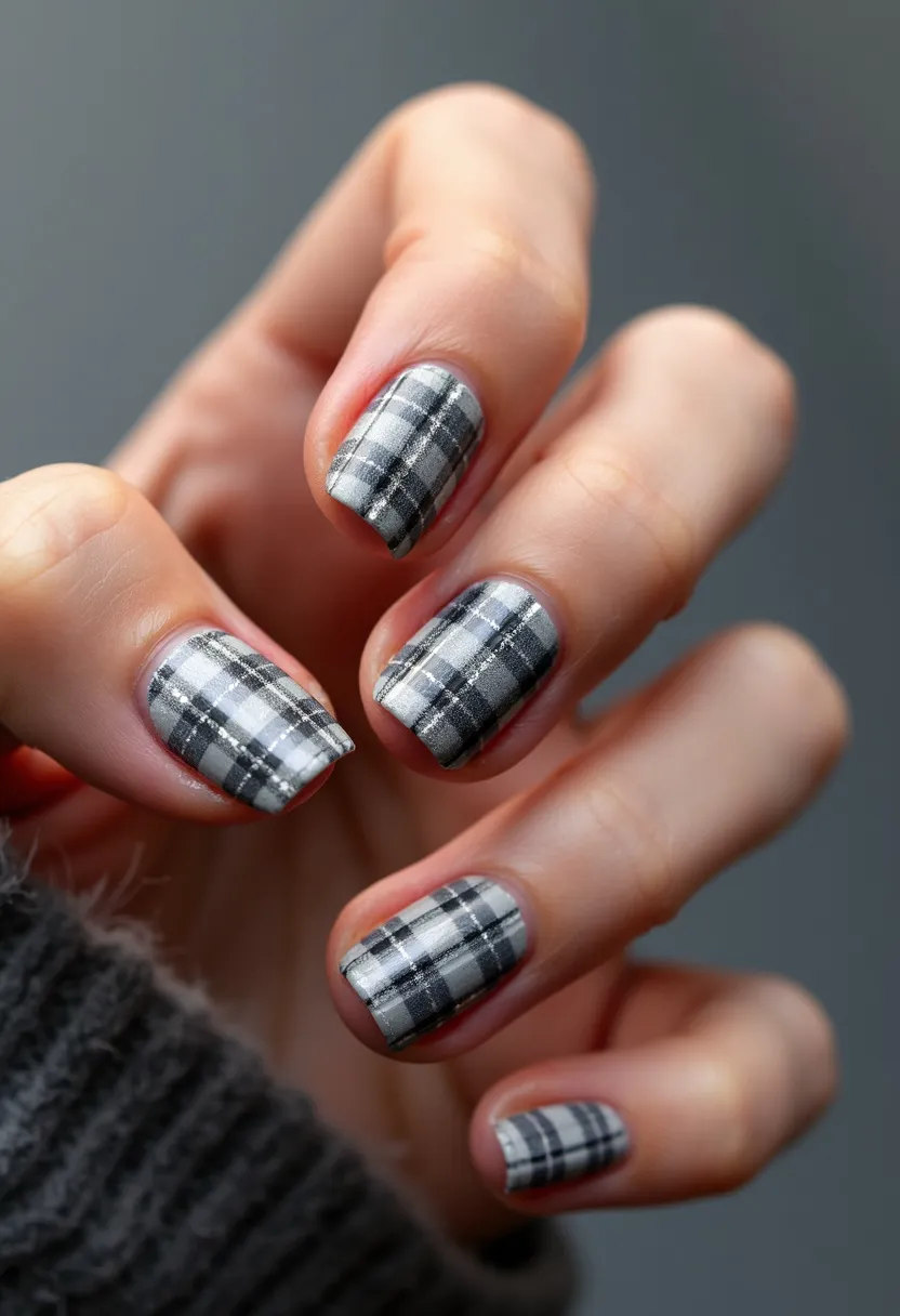 The nail design features a classic plaid pattern in a monochrome color palette of black, white, and various shades of gray. The nails are shaped in an elegant, slightly rounded square form, offering a sophisticated yet versatile look. This intricate plaid design looks meticulously done, possibly using gel nail polish to ensure a smooth and glossy finish that will be long-lasting. The geometric alignment and clean lines of the plaid pattern suggest a high level of precision, making this design perfect for autumn or winter seasons when plaid becomes a popular fashion choice. Overall, this nail design strikes a balance between stylish and understated, making it suitable for both casual and formal occasions.