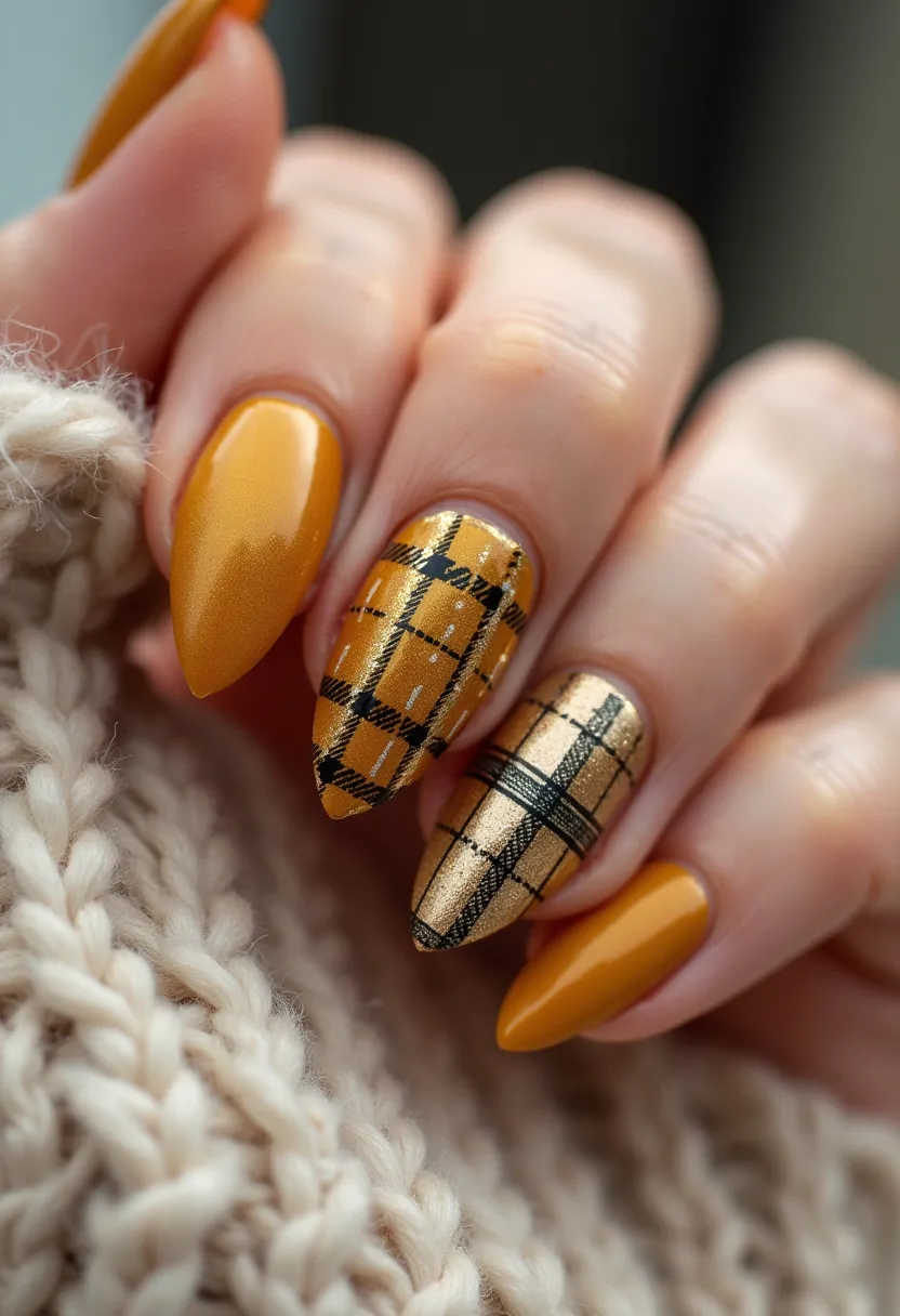 The nail design showcases a warm color palette primarily consisting of mustard yellow and a complementary gold shade. The nails are shaped in a stiletto style, featuring a sharp, pointed end. Two of the nails are adorned with an intricate plaid pattern in black, adding a touch of sophistication and contrast to the design. This pattern is reminiscent of a cozy, autumnal theme, perfect for fall or seasonal celebrations. The mustard yellow nails have a smooth, glossy finish, likely created with gel polish to achieve their high shine and durability. The plaid nails utilize a metallic gold base, giving a rich texture to the overall look. The combination of the patterns and colors evokes a sense of warmth and seasonal style.