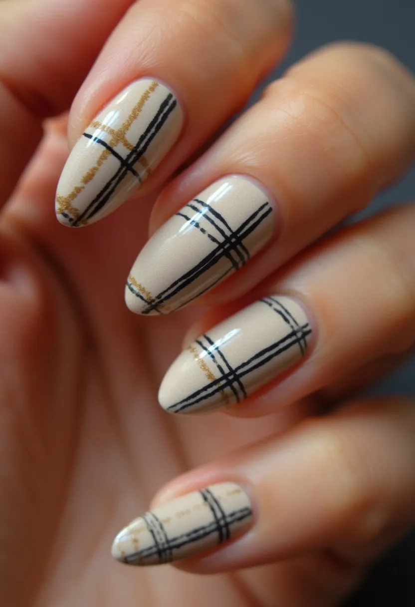 The nail design features medium-length, almond-shaped nails with a beige or nude base color. The design incorporates a sophisticated plaid pattern using black and gold lines, adding a touch of elegance and complexity. The black lines are consistently thin, creating a clean, grid-like appearance, while the gold lines add a subtle shimmer and luxury to the overall design. The type of nail treatment appears to be gel, which provides a smooth and glossy finish, ensuring the patterns remain sharp and intact. This design exudes a timeless, chic elegance, making it suitable for various occasions, including professional settings and social gatherings.