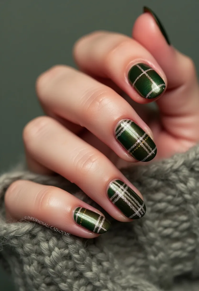 The nail design features an elegant and festive color palette of dark green as the base, adorned with intricate silver plaid patterns. The nails are of short to medium length with a rounded shape, adding a soft and sophisticated touch. The plaid pattern, created with thin silver lines, is meticulously applied on each nail, giving a uniform and cohesive look. The texture and finish of the nails suggest they are done using gel treatment, providing a glossy and durable appearance. This nail art is reminiscent of a cozy winter or holiday theme, perfect for seasonal celebrations and adding a touch of festive cheer to any outfit. The overall design is refined, with a harmonious blend of colors and detailed patterns, making it suitable for special occasions as well as everyday wear.