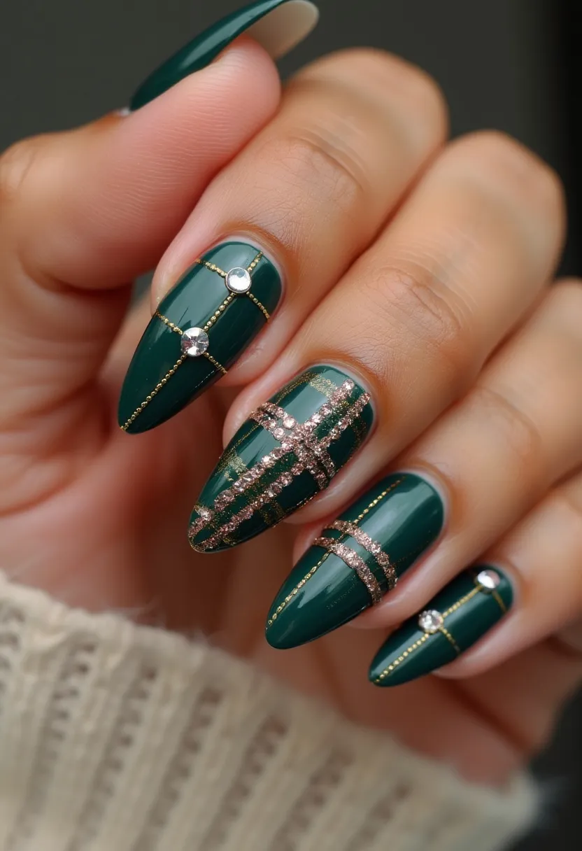 The nail design features a sophisticated and elegant look with a dark green color palette. The nails are almond-shaped, providing a sleek and modern appearance. Intricate gold line patterns create a grid-like design on each nail, drawing attention to the detailed artwork. Additionally, sparkling rhinestones are strategically placed at intersections of the gold lines, adding a touch of glamour and enhancing the luxurious feel. Some nails also feature gold glitter lines, further accentuating the design. This nail art looks like it was created using gel nail polish, given the glossy and smooth finish. This design could be ideal for festive or formal occasions, as it has a refined yet eye-catching appeal.