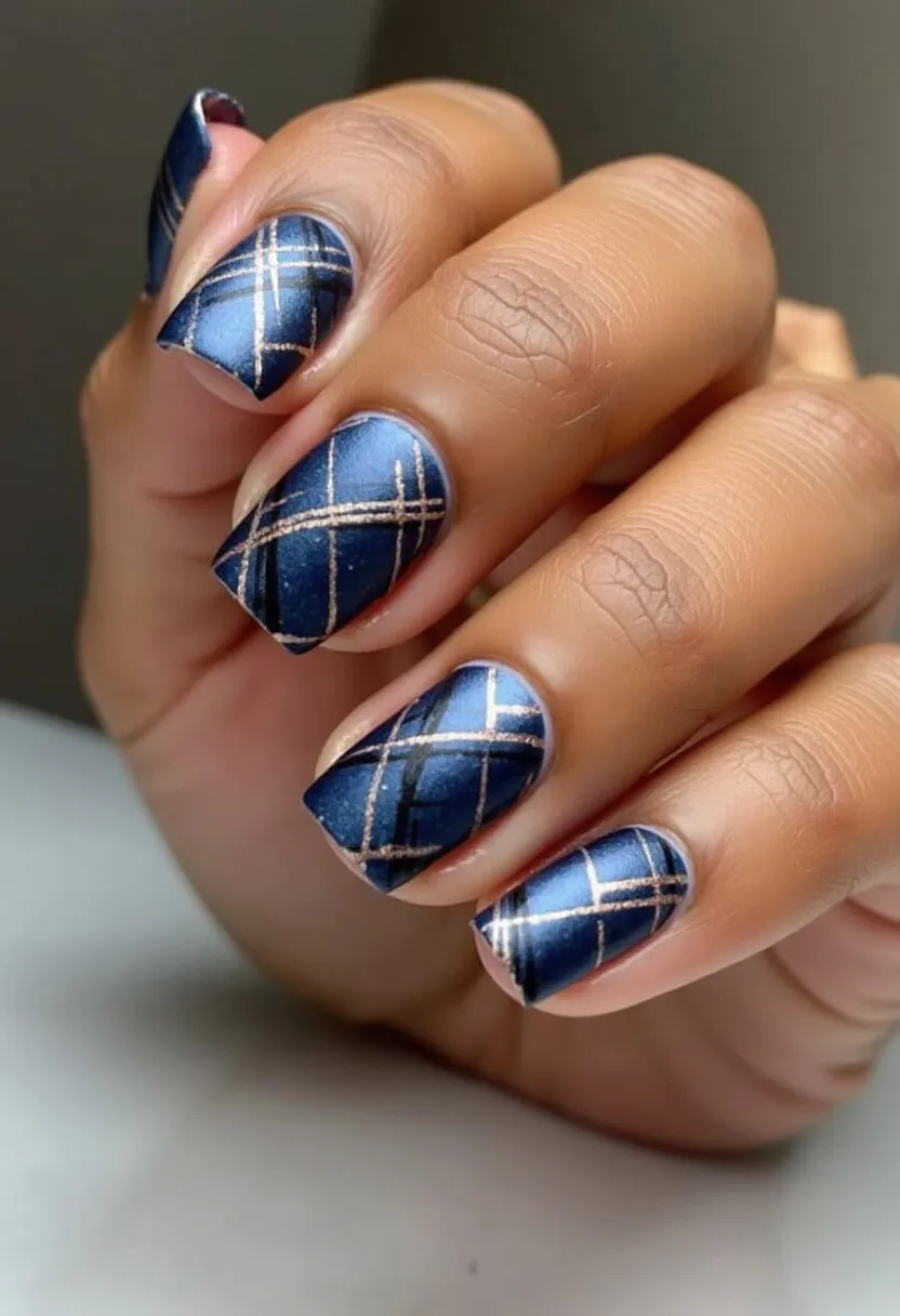 The nail design features a sophisticated and modern look with a color palette primarily composed of a deep navy blue base. The nails are shaped in a practical medium length with a square tip. The navy base is overlaid with elegant, intricate rose gold lines forming a grid or plaid pattern, adding a touch of glamour and metallic sheen. The nails appear to have a matte finish, which enhances the contrast of the metallic lines against the dark background. This design might be achieved with gel polish due to its smooth and immaculate finish. The overall composition and colors suggest that this nail design is suitable for a stylish, formal occasion or the autumn/winter season, offering a chic and polished appearance.