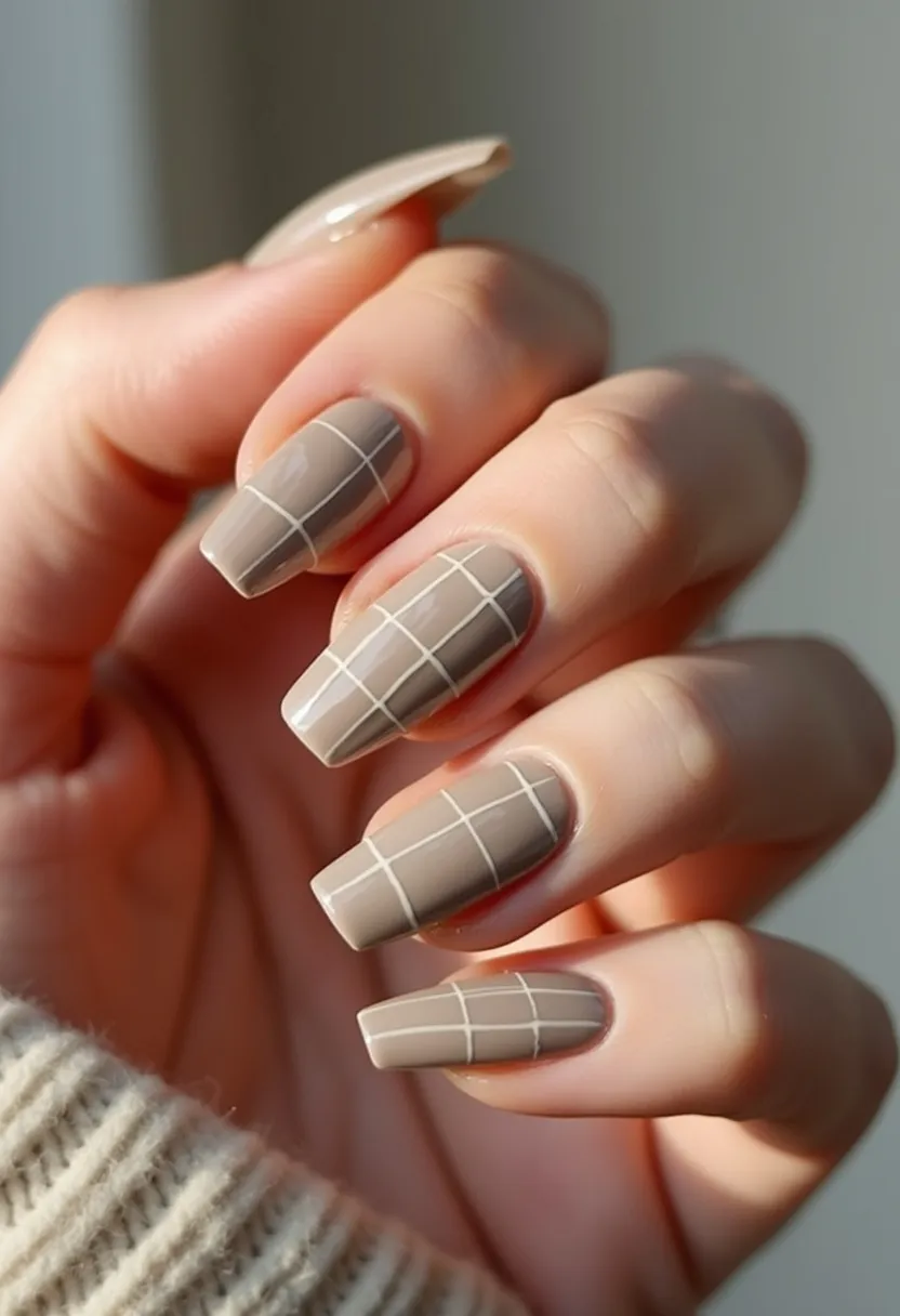 The nail design showcases a subtle, elegant color palette dominated by a muted taupe shade. The nails are filed into a coffin shape, giving them a modern and fashionable appearance. Each nail features an intricate grid pattern composed of fine white lines, adding geometric interest and a touch of sophistication. The finish appears to be smooth and glossy, suggesting a gel or shellac treatment for its durable, high-shine effect. The design's minimalistic yet chic aesthetic makes it suitable for versatile occasions, from everyday wear to professional settings, with a hint of autumnal or winter appeal due to the muted, neutral tones.