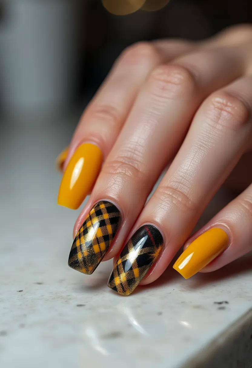 The nail design features a bold and vibrant color palette predominantly in mustard yellow and black. The nails are shaped into a long, slightly tapered square. The design includes solid mustard yellow nails, contrasted with an intricate plaid pattern on some of the nails. The plaid design incorporates mustard yellow, black, and subtle red lines, creating a striking and sophisticated pattern. The nails appear to be treated with a glossy finish, suggesting the use of gel polish for added durability and shine. The overall design exudes a warm, autumnal theme, making it ideal for fall fashion or a stylish holiday look.