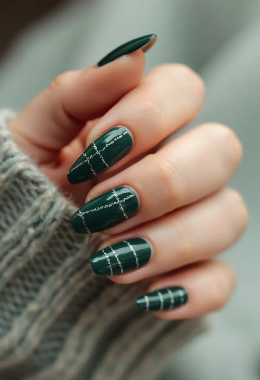 The nail design features a deep, rich forest green color palette with a glossy finish, likely indicating a gel or acrylic treatment. The nails are shaped in a soft almond form, enhancing the elegant appearance of the manicure. Intricate patterns of silver glitter lines form a chic, plaid-like design on each nail, adding a sophisticated touch. The design’s choice of deep green and silver accents suggests a seasonal winter theme, which could be ideal for festive or holiday occasions. This nail art combines simplicity with a modern, stylish twist, making it suitable for both everyday wear and special events.