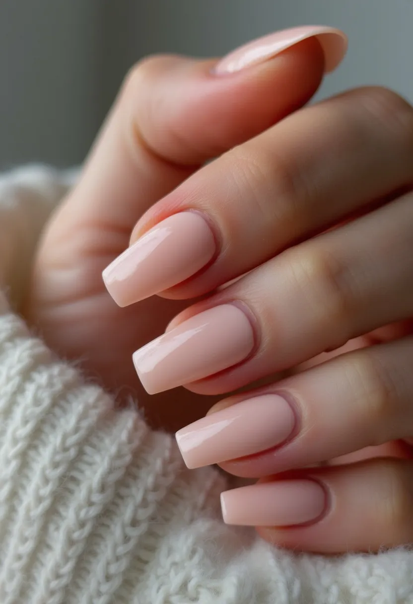 The nail design showcases an elegant and refined look with a soft, nude-pink color palette, perfect for a minimalist aesthetic. The nails are shaped in a long, square format, providing a sophisticated and elongated appearance. A smoothly polished and glossy finish suggests that a gel treatment was applied, ensuring durability and shine. The nails feature no additional intricate patterns or decorations, maintaining a clean and classic vibe. The subtle and neutral hue combined with the sleek finish makes this design versatile, suitable for both everyday wear and special occasions, especially during the colder seasons due to its understated elegance.